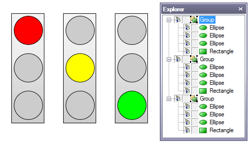 The three different state of a traffic light or semaphore.