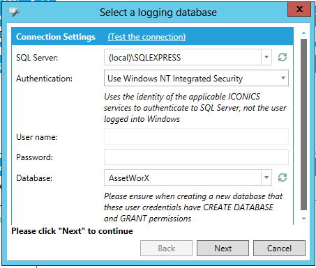 Select a logging database Window